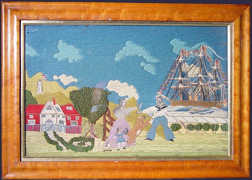 Inventory: A Rare Small English Woolwork Picture of the Sailor's Return, Circa 1880. SOLD &bull;