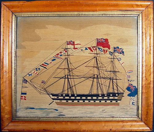 An English Sailor's Woolwork Picture of a Fully Dressed Ship at anchor, Circa 1870. SOLD •