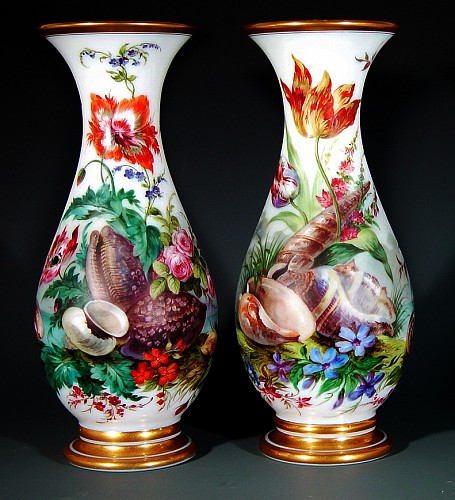 Baccarat Opaline Shell-decorated Vases, Circa 1845. SOLD •