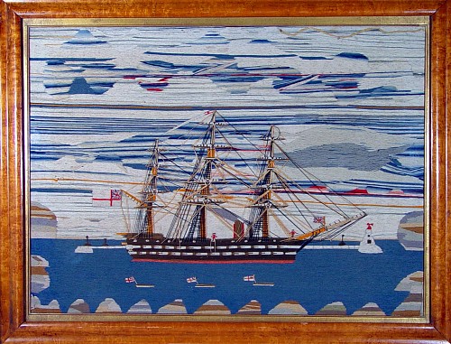 A Superb Large Woolwork Picture of a Ship with sailors on the ship and other small vessels, Circa 1870. SOLD •
