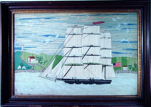 Inventory: American Woolwork Picture of a Ship against a Shoreline "The Ellenl" formerly The Seaman's Bride, Circa 1865 SOLD &bull;