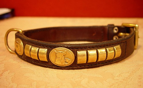 An English Dog Collar decorated with Bull-baiting Scenes in Brass, Circa 1865. SOLD •