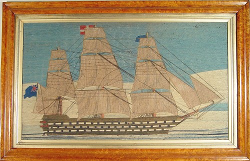 An Early English Sailor's Woolwork Picture of the First Rate Battleship, HMS Hibernia, The Malta Guard, Circa 1860 SOLD •