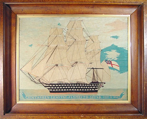 An Early Huge British Sailor's Woolwork Picture of HMS Queen, Circa 1850. SOLD •