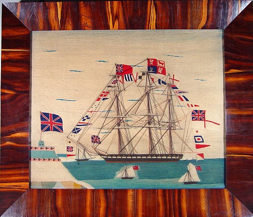 A Fine Large Sailor's Woolwork Picture of a Fully Dressed Ship, Circa 1860. SOLD •