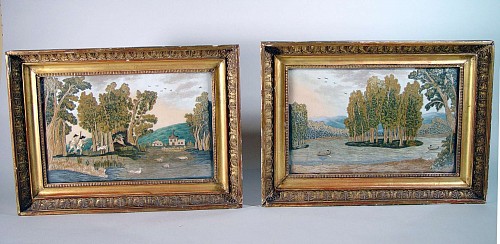 A Fine Pair of French Silk and Needlework Landscape Pictures with Hunting and fishing, Circa 1800-20. SOLD •