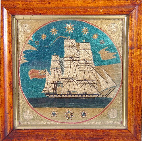 A Rare Sailor's Silkwork Woolie of a Night Scene with a Ship under the Stars, Circa 1880. SOLD •