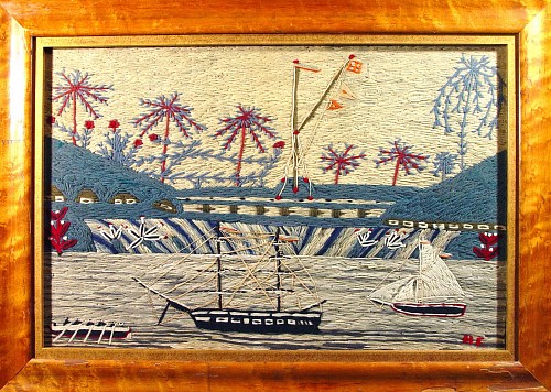 An Extremely Unusual English Sailor's Woolwork Picture of Ships in a Carribean Landscape signed, Circa 1880-90. SOLD •