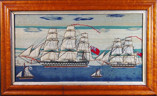 Inventory: An Unusual Sailor's Woolwork Picture of a scene from the Crimea War with multiple Ships, Circa 1860-70. SOLD &bull;