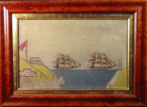 Inventory: A Sailor's Woolwork Picture (woolie) of Two Royal Navy Ships near Dover, Circa 1870 SOLD &bull;