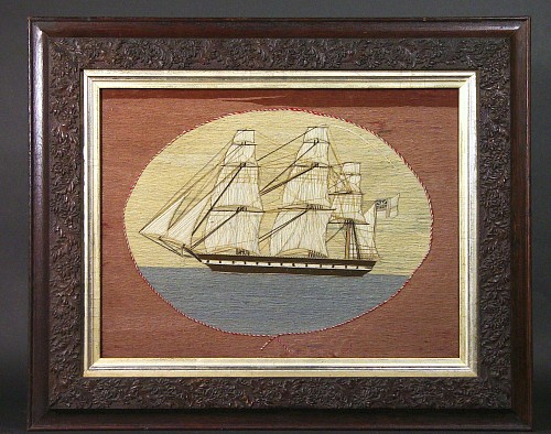 British Sailor's Woolwork Picture (woolie) of a Ship, Circa 1865-75. SOLD •
