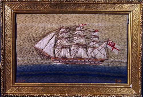 A Small English Sailor's Woolowrk Picture of a Ship, Circa 1890. SOLD •