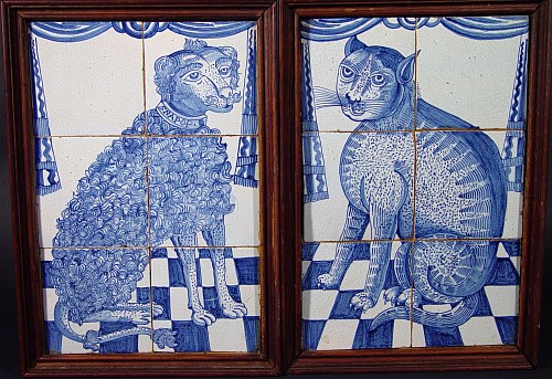 A Pair of Dutch Delft Tile Pictures of A Dog & Cat, Circa 1820-40 SOLD •