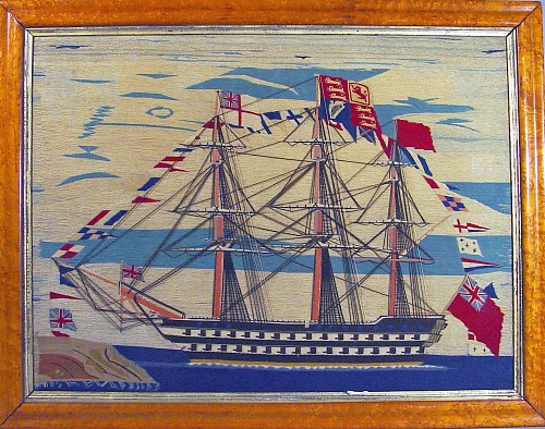 A Large & Fine English Sailor's Woolwork Woolie Picture of a Ship, Circa 1870. SOLD •