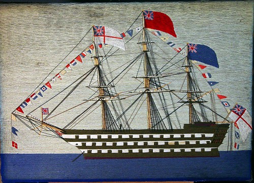An English Sailor's Woolwork Woolie Picture of a Ship, Circa 1870 SOLD •