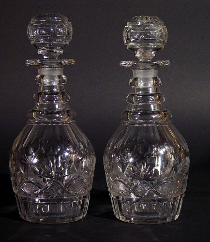 A Pair of American Strawberry-diamond pattern Decanters with Original hollow-blown Stoppers, Pittsbugh, Circa 1820. SOLD •