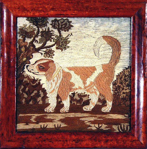 Charming English Woolwork Picture of a Dog, Circa 1840. SOLD •