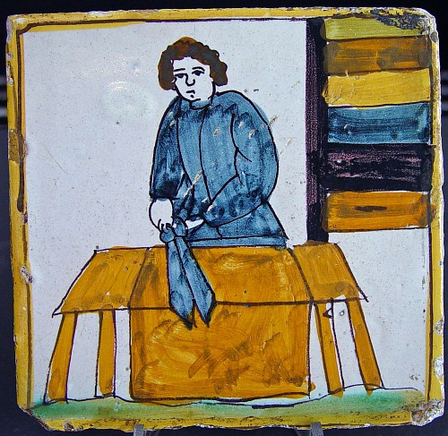 Spanish Faience Tile of a Tailor, Probably Catalonian, Circa 1820-40 SOLD •
