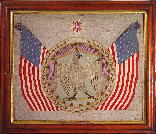 An American Woolwork Picture (woolie) of The American Eagle surrounded by American flags, Circa 1880. SOLD •