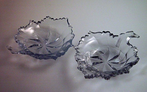 A Lovely Pair of Small English Glass Leaf-Shaped Dishes, Circa 1770. SOLD •