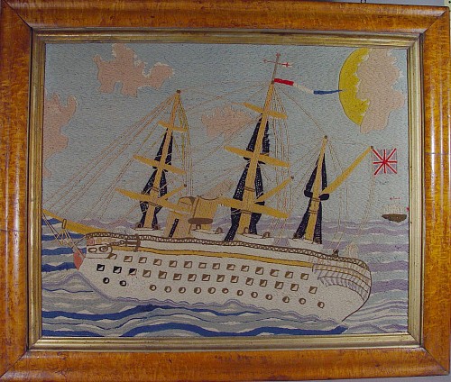 Naive Sailor's Woolwork Picture of HMS Crocodile (woolie), Circa 1870-90. SOLD •