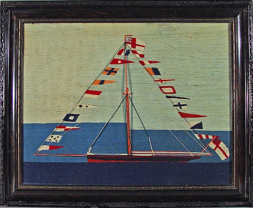 Inventory: An Unusual British Woolwork (woolie) Picture of a Racing Cutter of the Royal Yacht Squadron, Circa 1885. SOLD &bull;