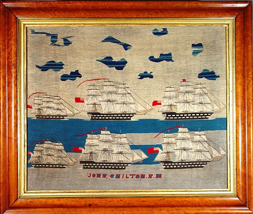A Fine Large Multiple Ship Sailor's Woolwork Picture (woolie), Circa 1870-80. SOLD •