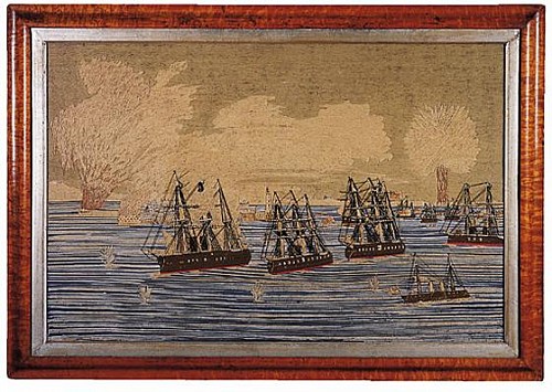 A Large, Fine & Rare Sailor's Woolwork Picture -woolie- of The Battle of Fort Souik, Persian Gulf, 1873.  SOLD •