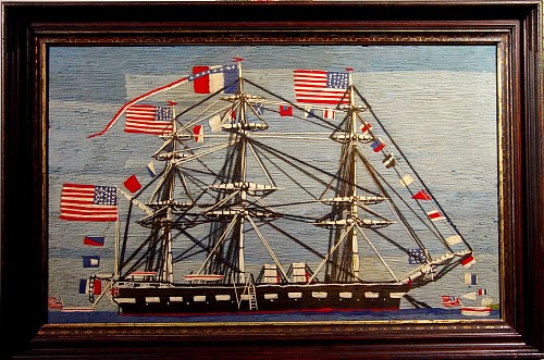 A Rare American Sailor's Woolwork Picture of a Ship, Circa 1880-90. SOLD •