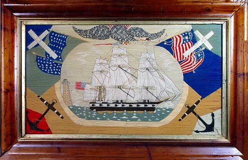 An Important American Sailor's Woolwork (woolie) Picture of The Brooklyn, the ship which took the initial group of Mormons to California, Circa 1860-70 SOLD •