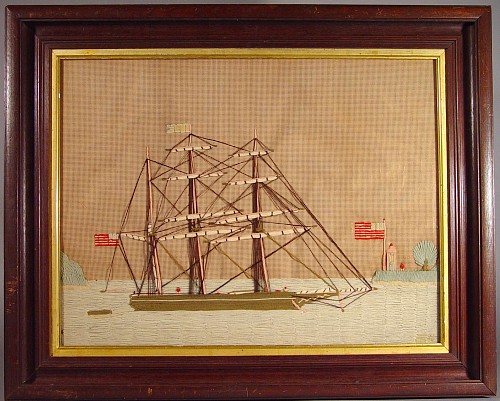 An Unusual American Tinsel-Backed Woolie of an American Ship, Circa 1880. SOLD •
