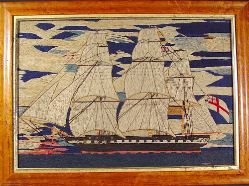 A Fine British Woolwork Picture (woolie)  of a Ship, Circa 1880. SOLD •