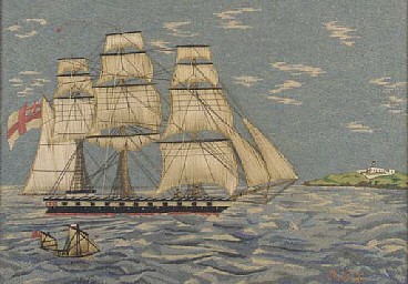 An English Sailor's Woolwork Picture of a Ship, Circa 1785, SOLD •