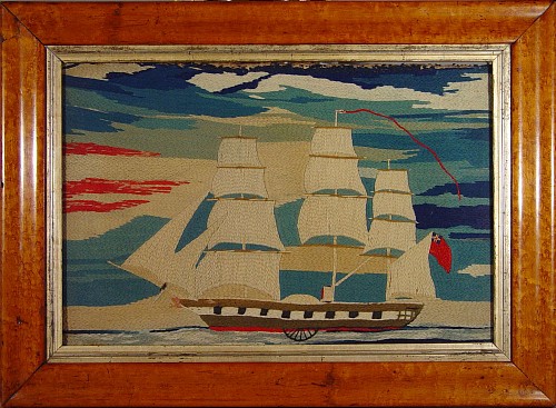 An English Sailor's Woolwork Pictures of a Paddlewheel- powered Ship, (Woolie) Circa 1875 SOLD •