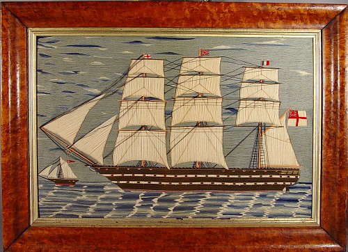 A British Sailor's Woolowork Picture of a Ship, (Woolie), Circa 1875. SOLD •