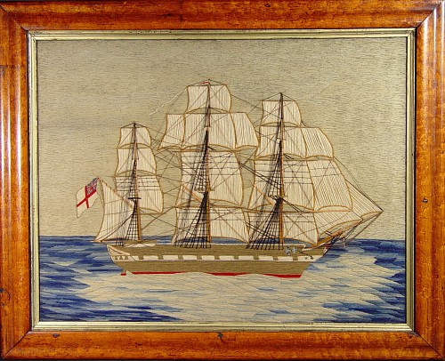 A British Sailor's Woolowork Picture of a Ship, (Woolie), Circa 1875. SOLD •