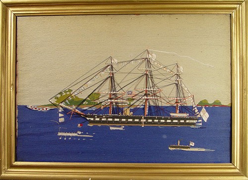 A 19th century sailor's woolwork picture depicting a Royal Naval three-masted steamship, moored off an island with buildings and flying the red ensign, withy long Boats and a Steam Launch, Circa 1865 SOLD •