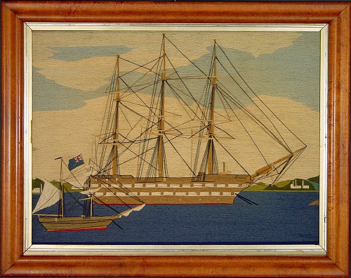 An Attractive British Sailor's Woolwork Picture of Two Ships at  Anchor in a Harbour, Circa 1870. SOLD •