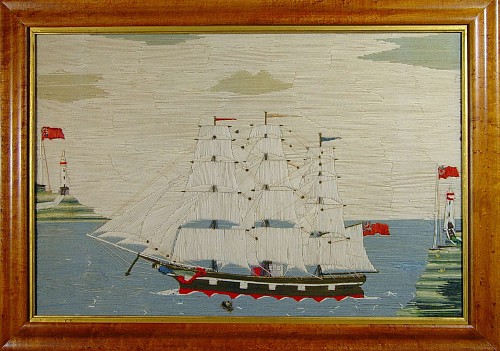 An Unusual British Sailor's Woolwork Picture of a ship in a harbor, Circa 1870. SOLD •