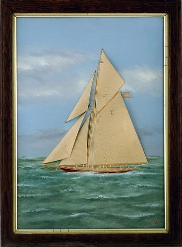 An American Small Silkwork Picture of a Yacht by Thomas Willis, Circa, 1895 SOLD •