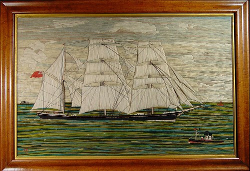 Inventory: A Large British Sailor's Woolwork Picture of a Ship- woolie, dated 1916. SOLD &bull;