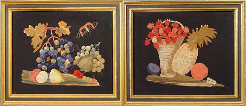 A Pair of English or American Felt Appliques of Fruit and Butterfly, Circa 1840 SOLD •