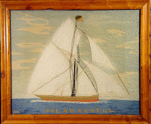 An American Woolwork Picture of a Racing Yacht, Circa 1890 SOLD •