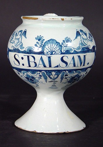 An English Wet Delftware Drug Jar, inscribed S: Balsam. Circa 1740-70 SOLD •