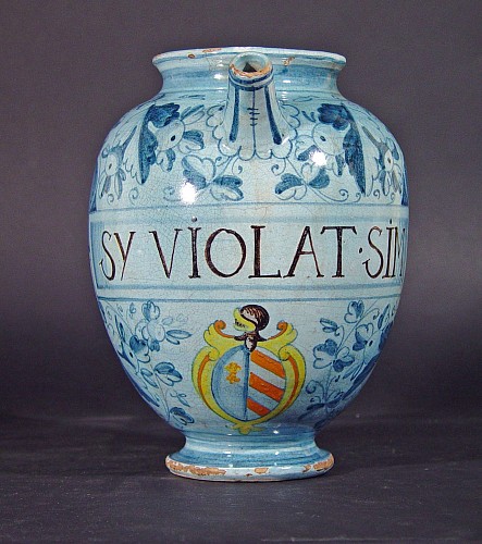 An Italian Armorial Marchigian Maiolica Berretino ground Wet Drug Jar, Early 18th Century, SOLD •