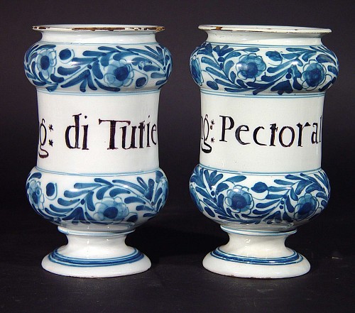 A Pair of Italian Maiolica Blue and White Drug Jars, SOLD •