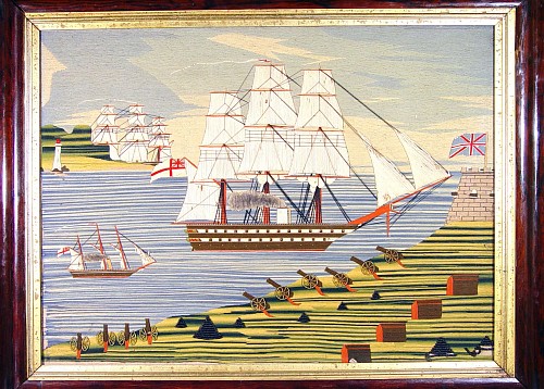 Sailor's Woolwork English Sailor's Woolwork (woolie) Picture of Ships in a Fortified Harbour., Circa 1875 SOLD •