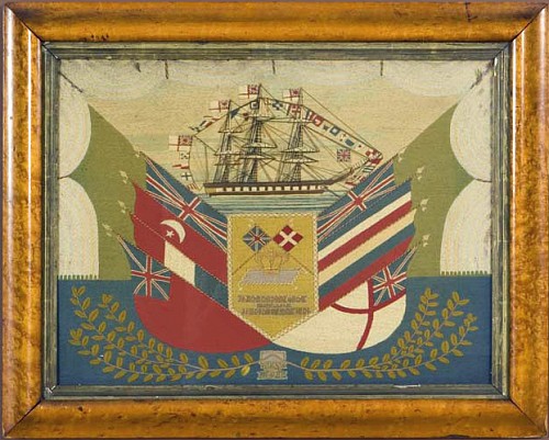Inventory: Canadian Sailor's Woolwork Picture of a Ship with Flags, Circa 1880 SOLD &bull;