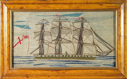 A Small English Sailor's Woolwork Picture of a Ship, Circa 1875 SOLD •