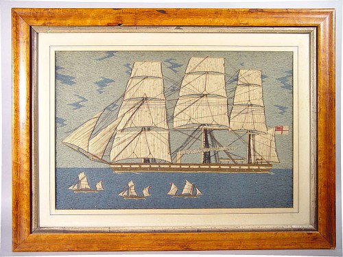 Sailor's Woolwork Sailor's Woolie Picture of a Four Ships, Circa 1870 SOLD •
